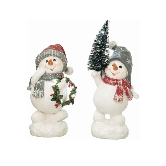Set of 2 Light Up Snowmen w/ Wreath & Bottle Brush Christmas Tree Snowman - Picture 2 of 10